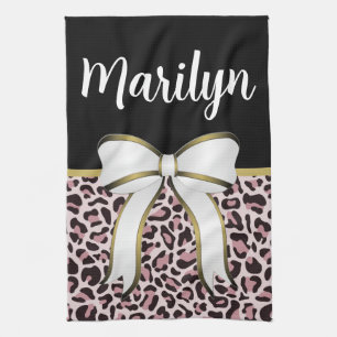 Posh Girly Pink Leopard Print Girly Custom Name Tea Towel