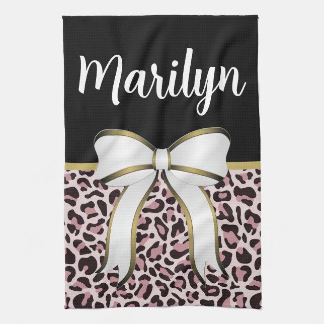 Posh Girly Pink Leopard Print Girly Custom Name Tea Towel (Vertical)