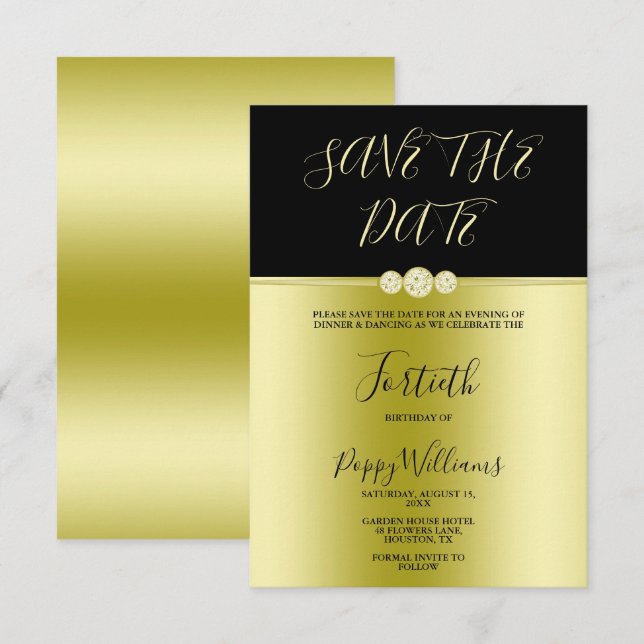 Posh Gold & Black Elegant Diamonds 40th Birthday Save The Date (Front/Back)