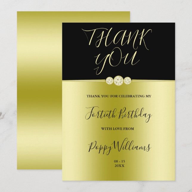 Posh Gold & Black Elegant Diamonds 40th Birthday Thank You Card (Front/Back)