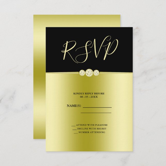 Posh Gold & Black Elegant Diamonds Birthday RSVP Card (Front/Back)