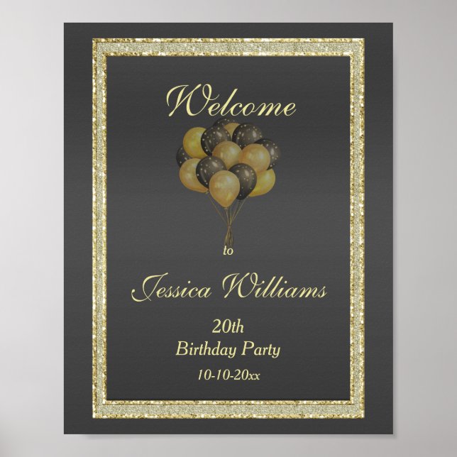 Posh Gold & Black, Glitter & Balloons Birthday Poster (Front)