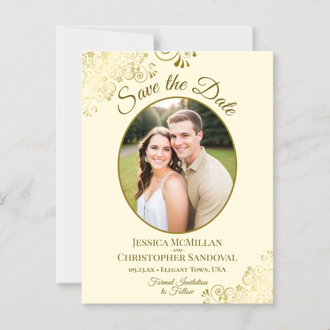Posh Gold & Cream Wedding Save the Date Oval Photo Magnetic Invitation (Front)