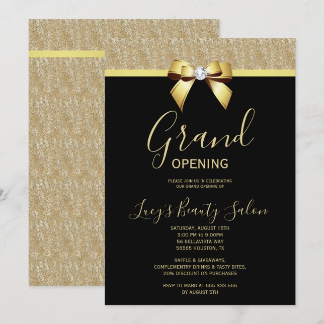 Posh Gold Jewel Bow Grand Opening Invitation (Front/Back)