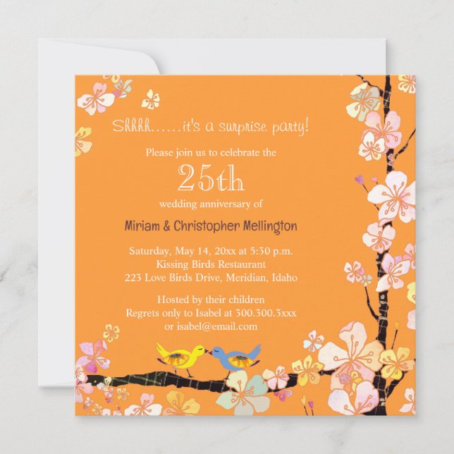 Posh Kissing Birds Surprise 25th Anniversary Party Invitation (Front)