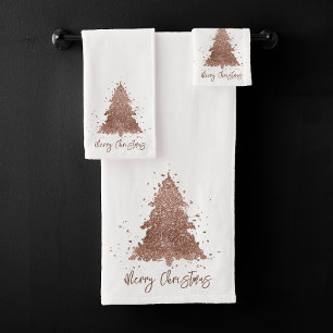 Posh Merry Christmas   Glam Rose Gold Blush Tree Bath Towel Set