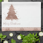Posh Merry Christmas | Glam Rose Gold Blush Tree Tea Towel<br><div class="desc">Tis the season to feast! Glamourous faux metallic copper and stunning rose gold palette hand-lettered "Merry Christmas" and abstract tree kitchen and dining table decor collection. This fun festive design features a whimsical sparkly Christmas tree with a frisky paint splatter enhanced with faux metallic glitter along with the script typography....</div>