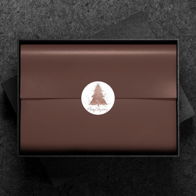 Posh Merry Christmas | Glam Rose Gold Tree Custom Classic Round Sticker (Creator Uploaded)