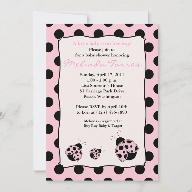 Posh Mod Ladybug 5x7 Pink Baby Shower Invitation (Front)