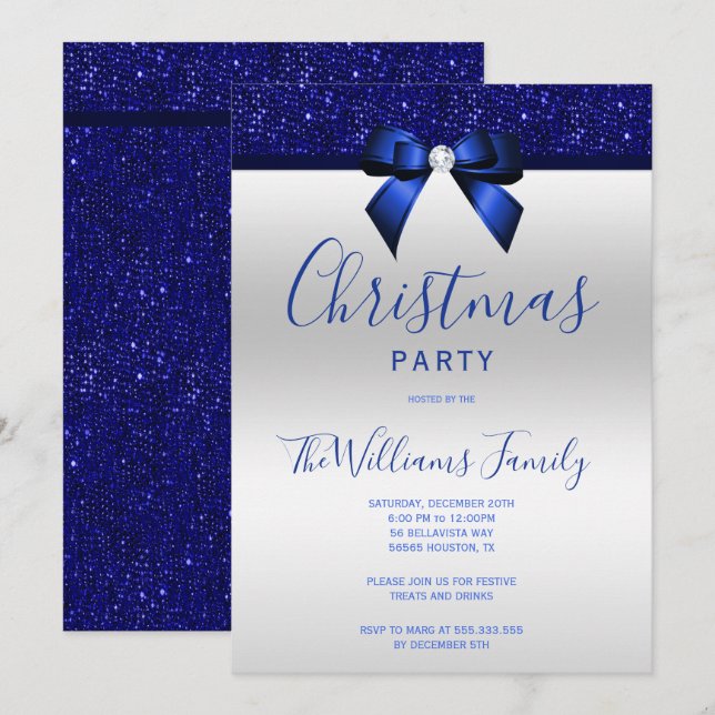 Posh Navy Blue Jewel Bow Christmas Party Invitation (Front/Back)