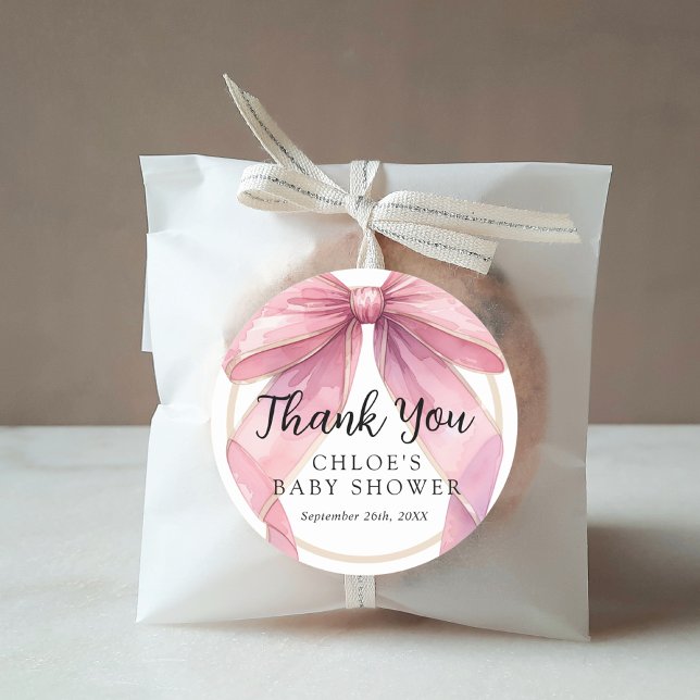 Posh Pink Coquette Bow Baby Shower Classic Round Sticker (Creator Uploaded)
