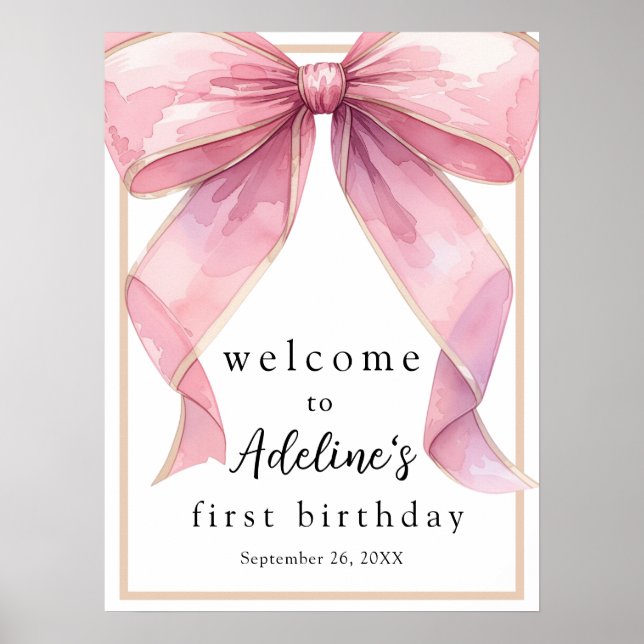 Posh Pink Coquette Bow Birthday Welcome Sign (Front)