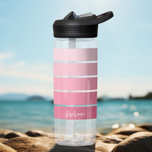 Posh Pink Retro Stripes Gradient - Script Name Water Bottle
