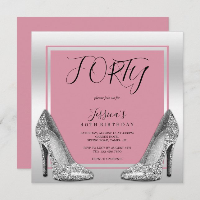 Posh Pink & Silver Stilettos 40th Birthday Invitation (Front/Back)