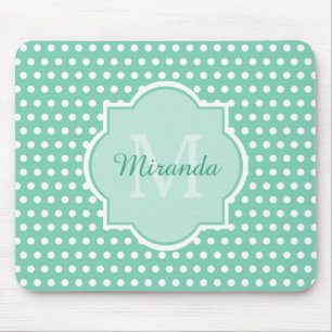 Posh Polka Dots Mint Green Monogram and Name Mouse Mat