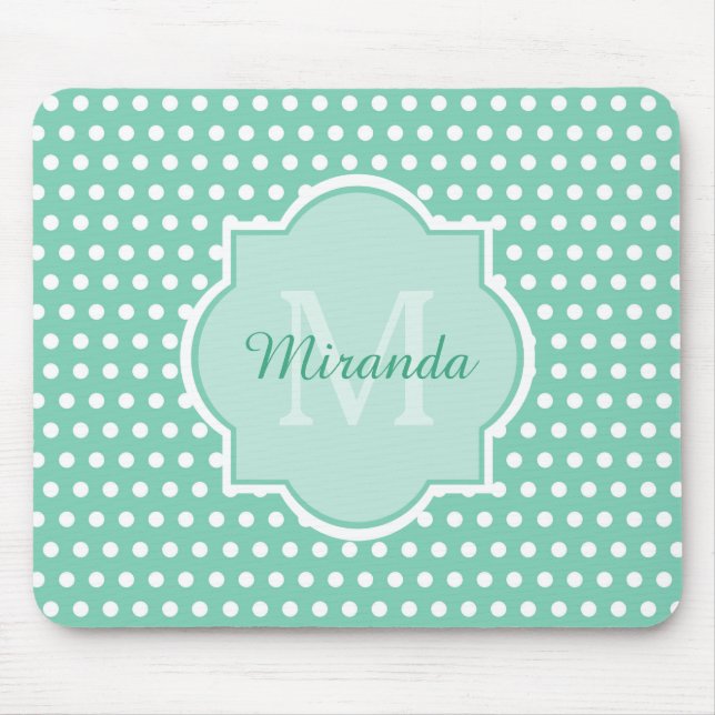 Posh Polka Dots Mint Green Monogram and Name Mouse Mat (Front)