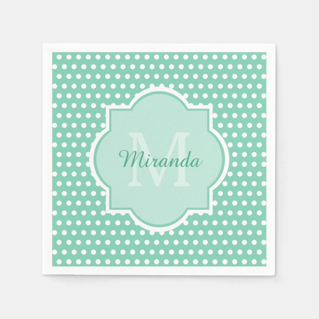 Posh Polka Dots Mint Green Monogram and Name Napkin (Front)