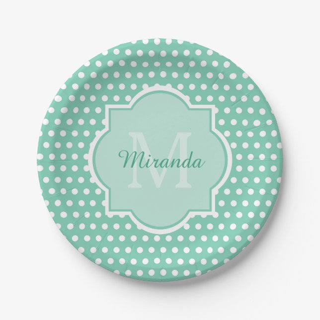Posh Polka Dots Mint Green Monogram and Name Paper Plate (Front)