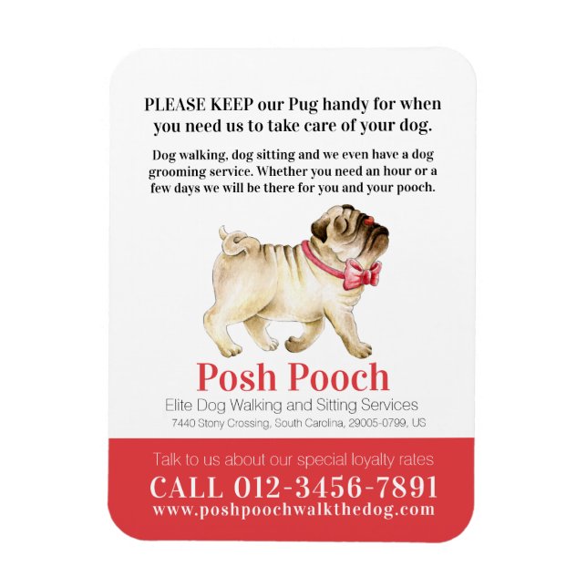 Posh pooch cute pug dog walking services business magnet (Vertical)