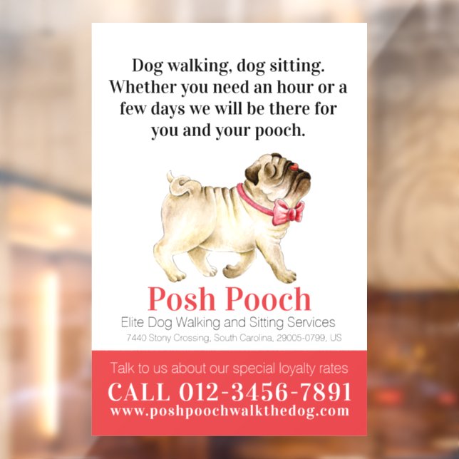 Posh pooch cute pug dog walking services  window cling (Sheet 2)