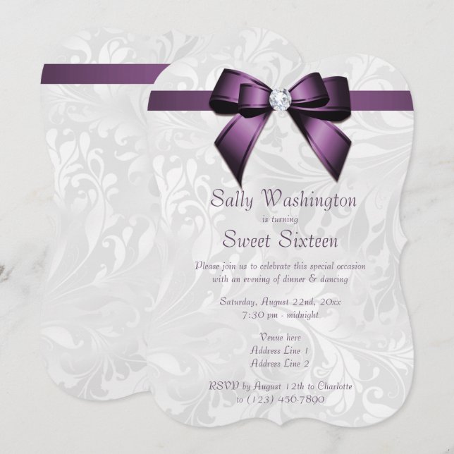Posh Purple Diamond Bow & Damask Sweet 16 Invitation (Front/Back)