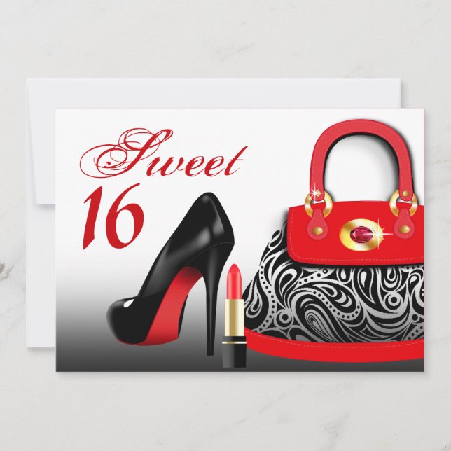 Posh Purse, High Heels and Lipstick Sweet Sixteen Invitation (Front)
