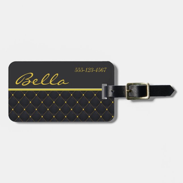 Posh Quilted Black & Gold Stitch Luggage Tag (Front Horizontal)