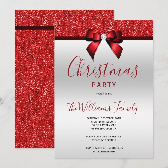 Posh Red Jewel Bow Christmas Party Invitation (Front/Back)