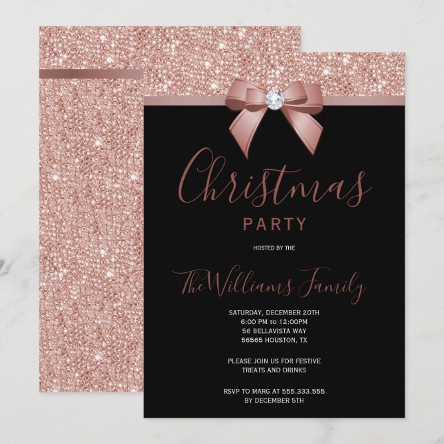 Posh Rose Gold Jewel Bow Christmas Party Invitation (Front/Back)