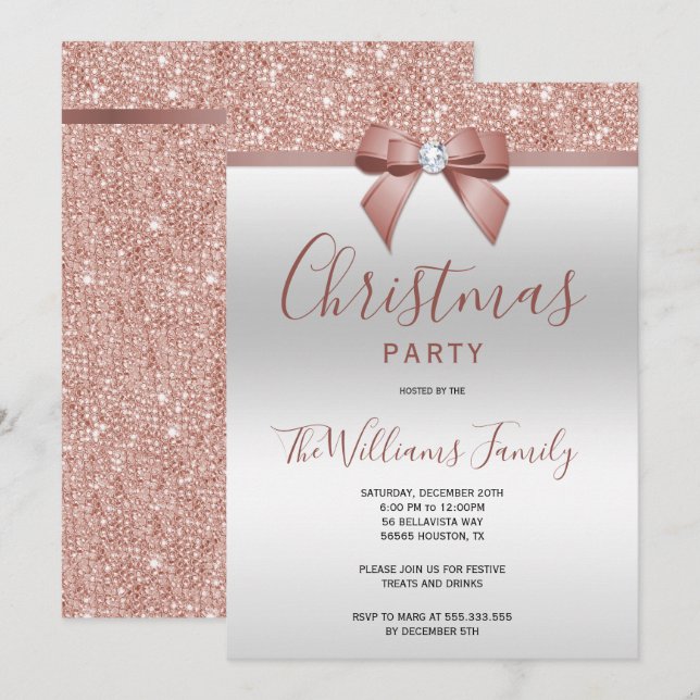 Posh Rose Gold Jewel Bow Christmas Party Invitation (Front/Back)