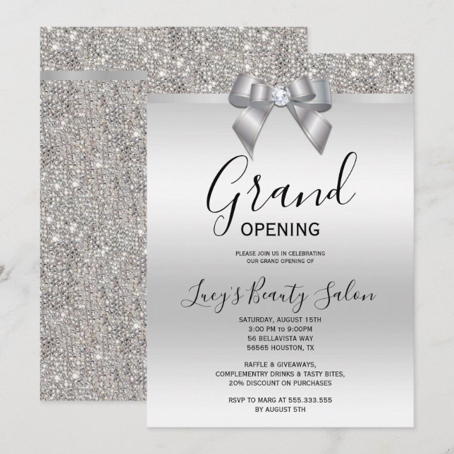 Posh Rose Silver Jewel Bow Grand Opening Invitation (Front/Back)