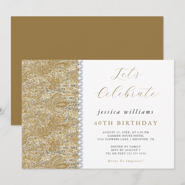 Posh Sequins & Diamonds Gold Birthday  Invitation (Front/Back)
