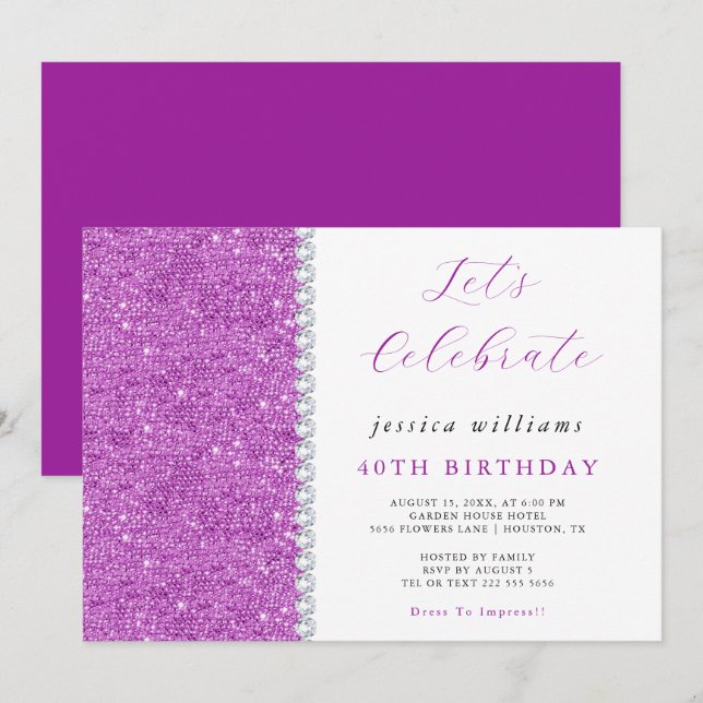 Posh Sequins & Diamonds Purple Birthday  Invitation (Front/Back)