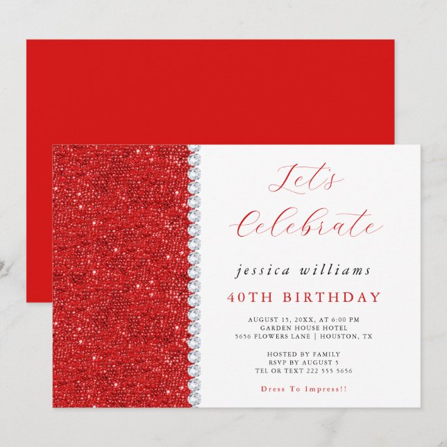 Posh Sequins & Diamonds Red Birthday  Invitation (Front/Back)