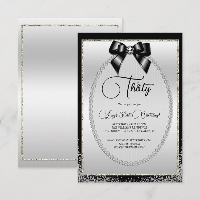 Posh Silver, Black Gem Bow & Glitter Birthday Invitation (Front/Back)