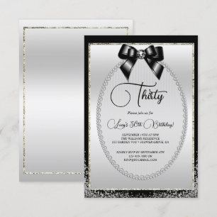 Posh Silver, Black Gem Bow & Glitter Birthday Invitation