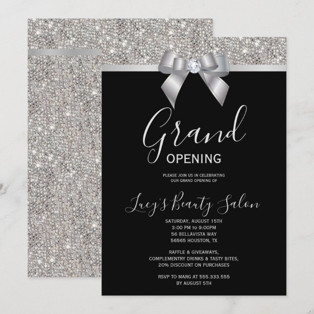 Posh Silver & Black Jewel Bow Grand Opening Invitation (Front/Back)