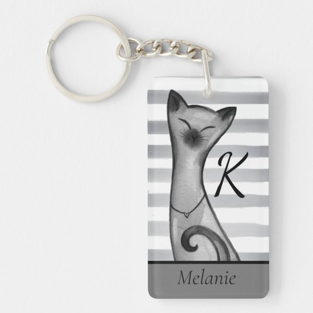 Posh Snooty Cat Striped Personalised Key Ring (Front)