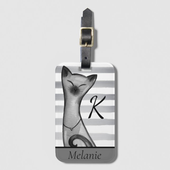 Posh Snooty Cat Striped Personalised Luggage Tag (Front Vertical)