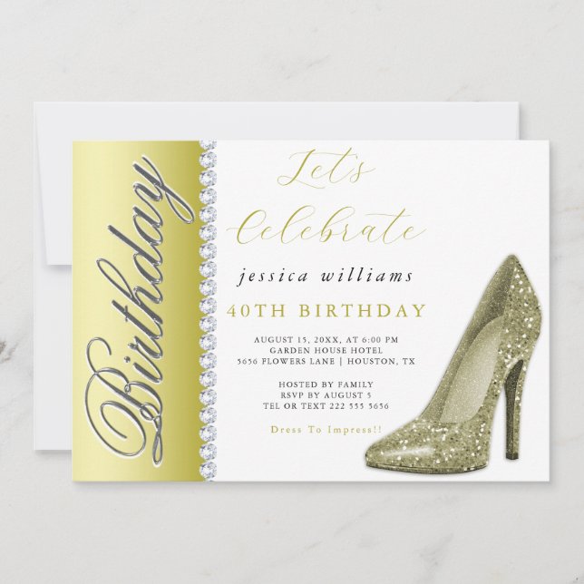 Posh Stiletto & Diamonds Gold Birthday  Invitation (Front)