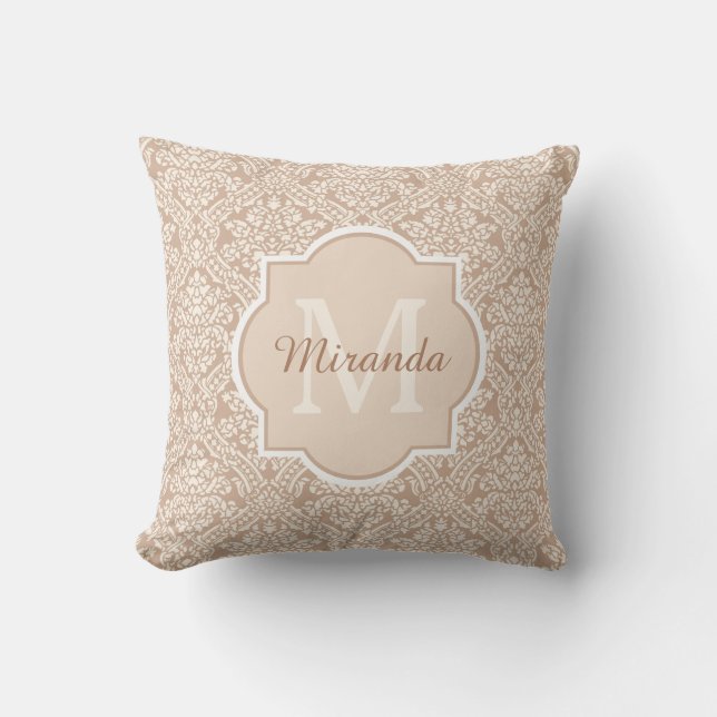 Posh Tan Damask Pattern Monogram With Name Cushion (Front)