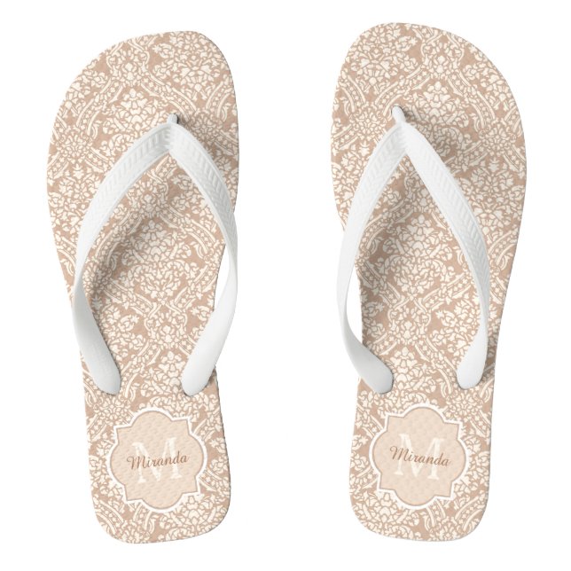 Posh Tan Damask Pattern Monogram With Name Flip Flops (Footbed)