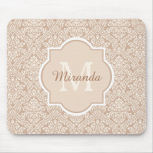 Posh Tan Damask Pattern Monogram With Name Mouse Mat