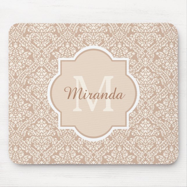 Posh Tan Damask Pattern Monogram With Name Mouse Mat (Front)