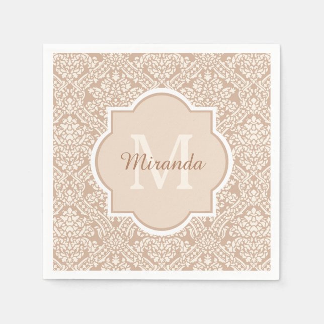 Posh Tan Damask Pattern Monogram With Name Napkin (Front)