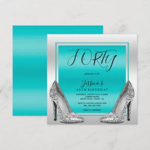 Posh Teal & Silver Stilettos 40th Birthday Invitation
