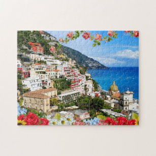 Positano Amalfi Coast Italy with flower foreground Jigsaw Puzzle