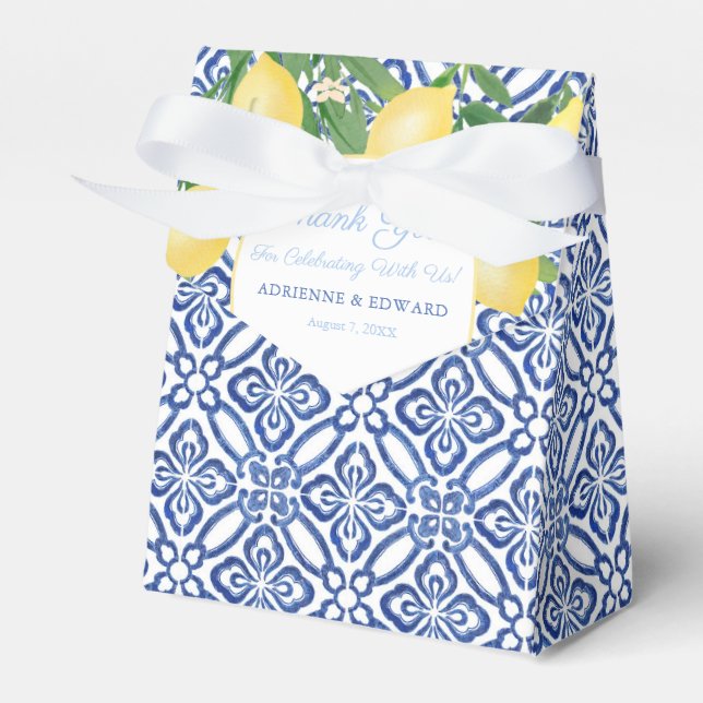 Positano Blue Antique Tiles And Lemons Wedding Favour Box (Front Side)
