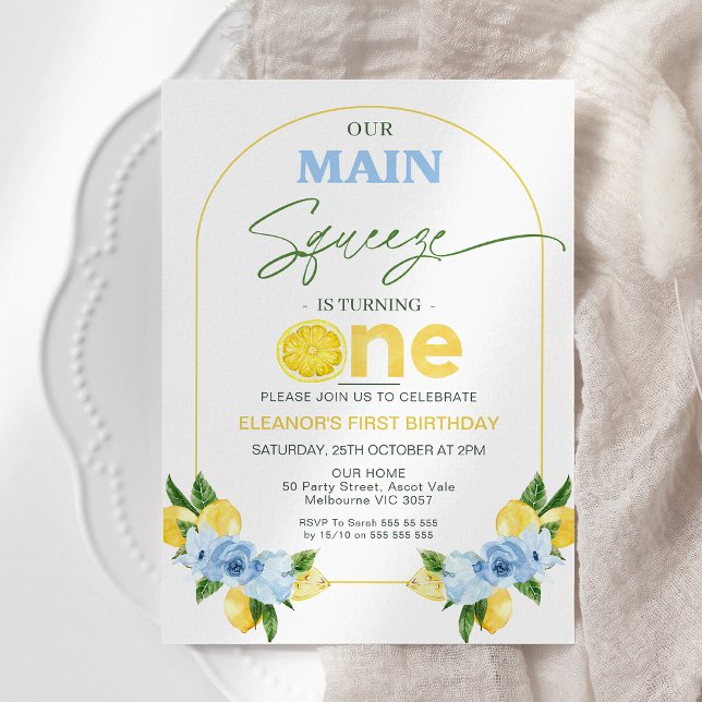 Positano Blue Lemon Our Main Squeeze 1st Birthday Invitation (Main Squeeze 1st Birthday Invitation Blue Floral, Modern Arch Lemon 1st Birthday Invitation Girl,)