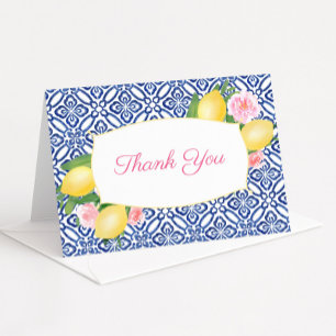 Positano Blue Tile Lemon Pink Floral Bridal Shower Thank You Card